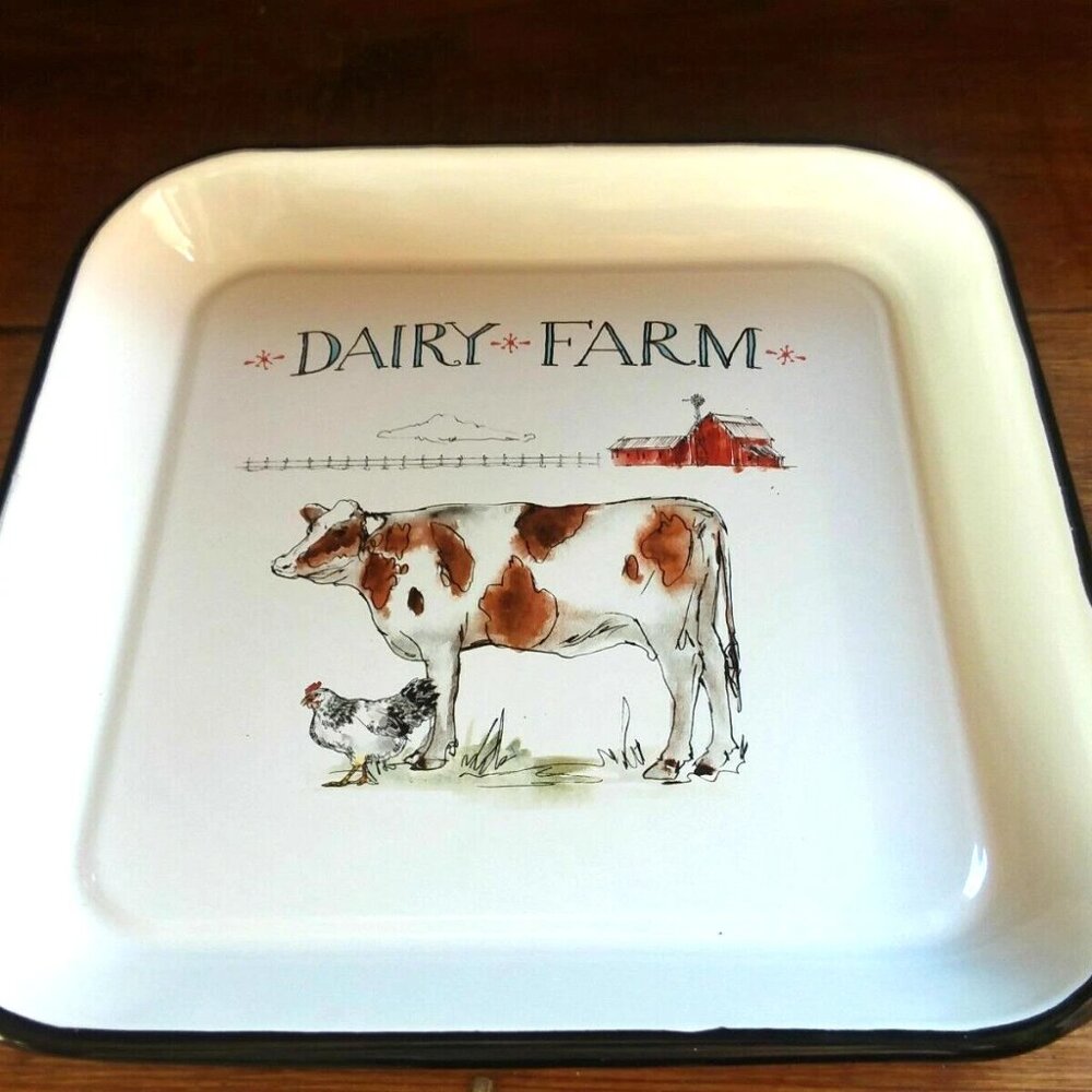 Farmhouse Enamel Ware Serving Tray Cow Rooster Red Barn Dairy Farm NEW - Picture 4 of 5